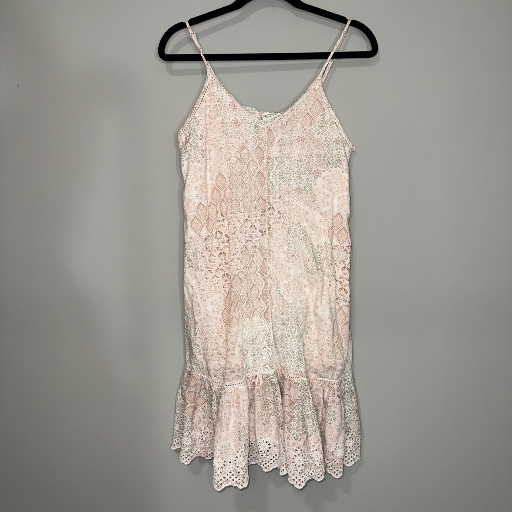 Rachel Zoe Pink Sage Paisley Cotton Eyelet Mini‎ Dress Boho Smocked Back Medium